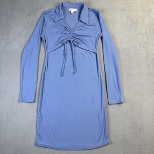 Birch And Stone Dress Womens Large Blue Collared Ruched Ribbed Knit Bodycon